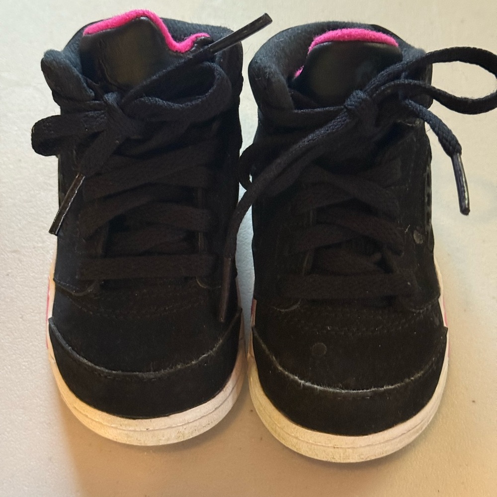 Kids Jordan Black and Pink High-Top Sneakers
